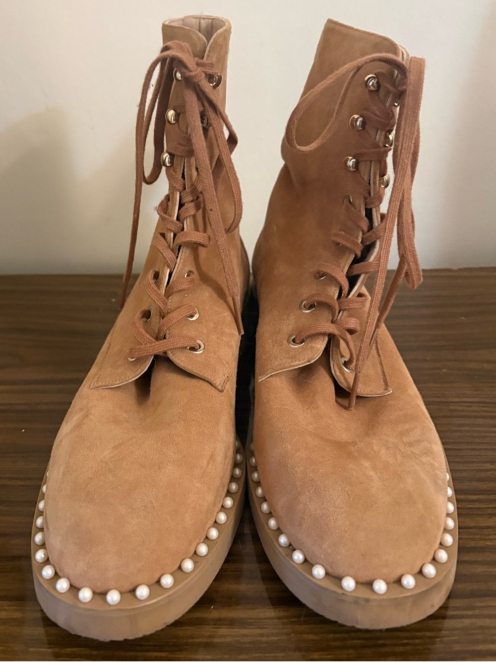Stuart Weitzman Sondra Women’s Lace-Up Pearl Trim Suede Ankle Boots - Tan 8